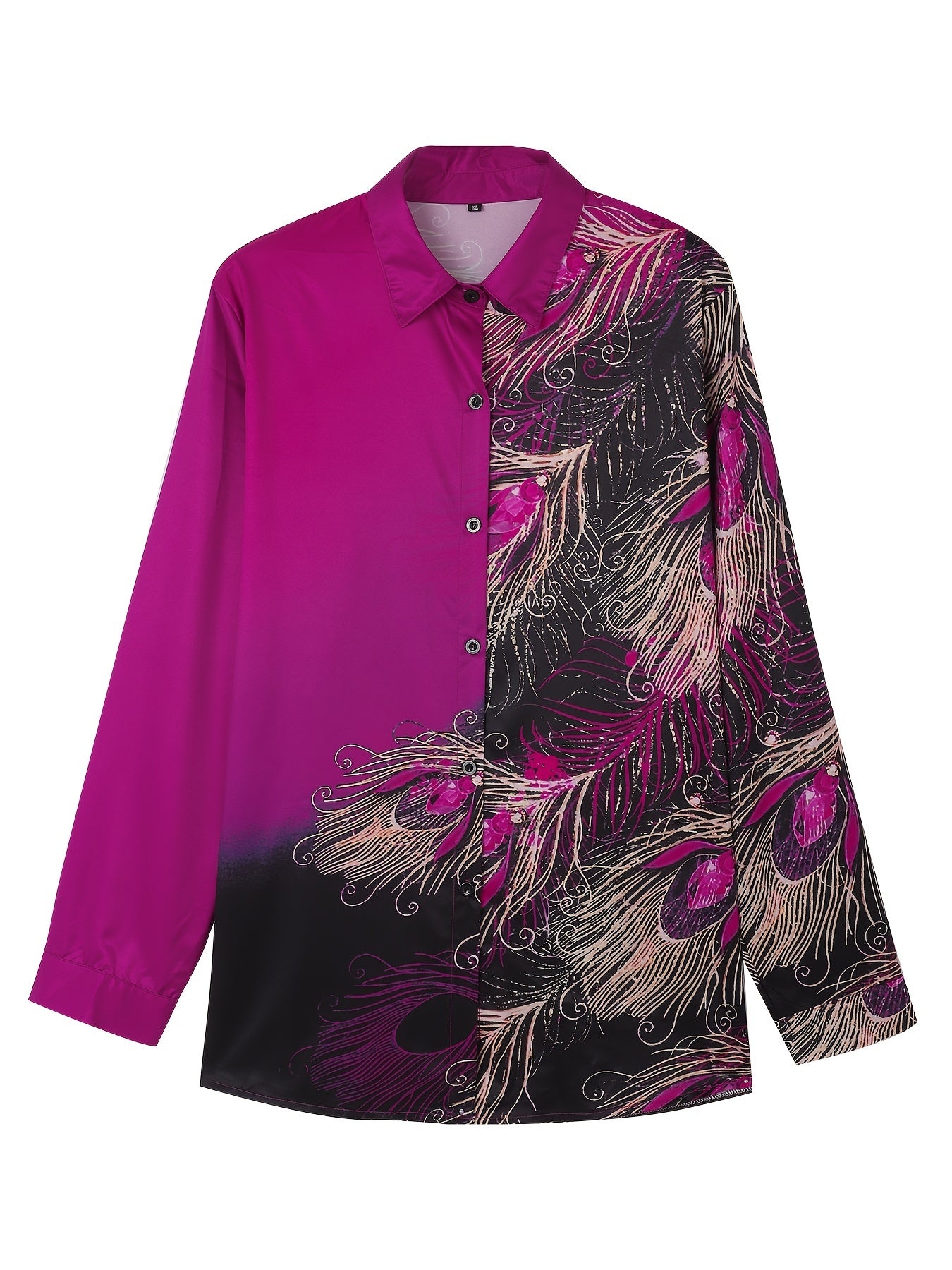  Peacock Print Button Up Long Sleeve Blouse