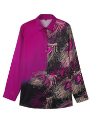  Peacock Print Button Up Long Sleeve Blouse