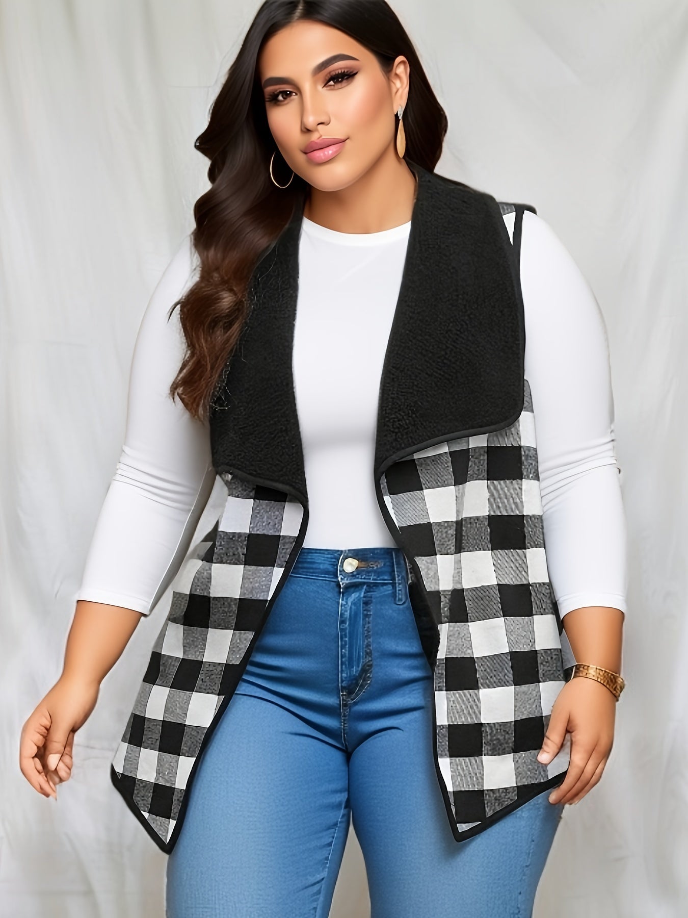  Colorblock Gingham Knit Vest