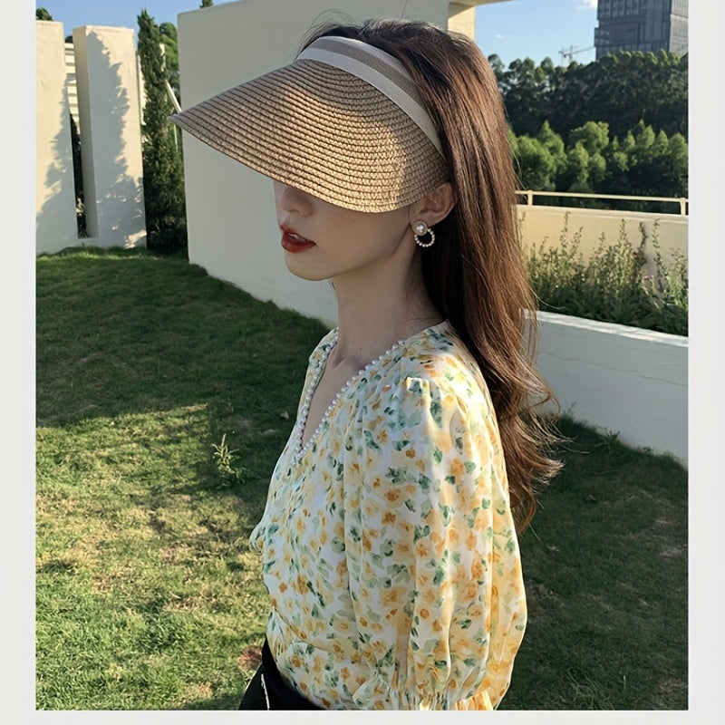 Sunscreen Straw Visor Hat Wide Brim UV Protection Ponytail Sun Hat