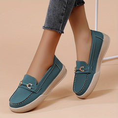 Women's Comfy Flat Loafers with Metallic Buckle Decor