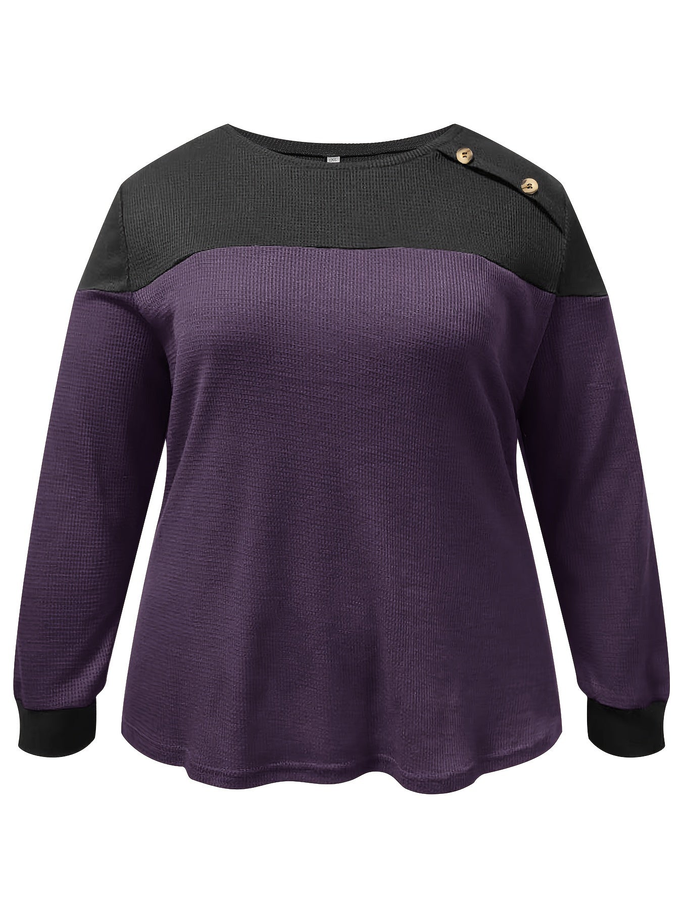  Colorblock Knit Top Long Sleeve Button Decor Crew Neck Waffle