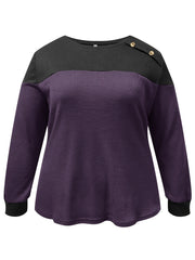  Colorblock Knit Top Long Sleeve Button Decor Crew Neck Waffle