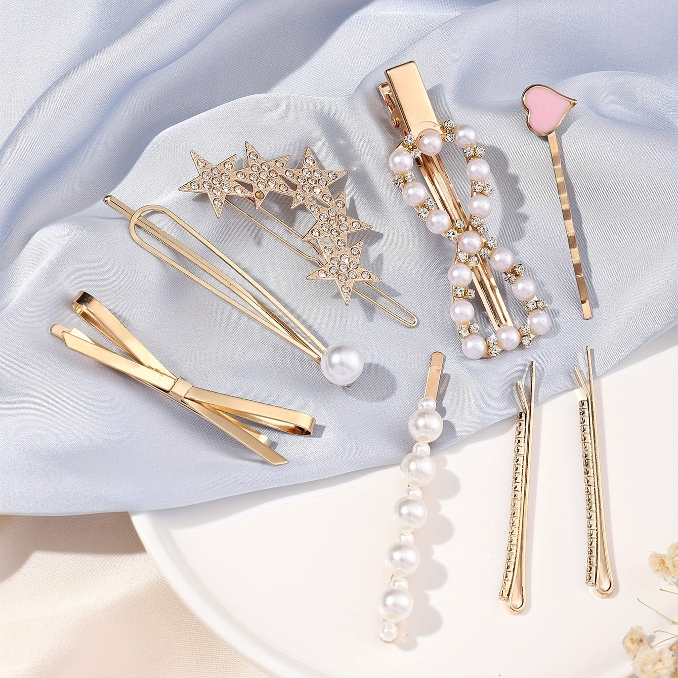 8pcs Hair Pin Metal Clip Pearl Rhinestone Decor Hairpin Bow Shape Women Girls