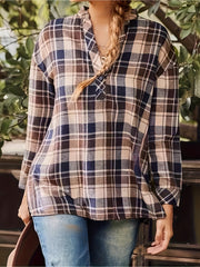  Plaid Print Long Sleeve Loose Fit Shirt Top