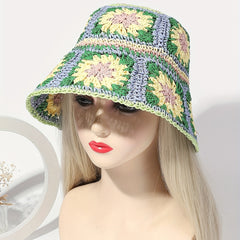 Boho Crochet Bucket Hat With Brim Hollow Out Straw Sun Hat