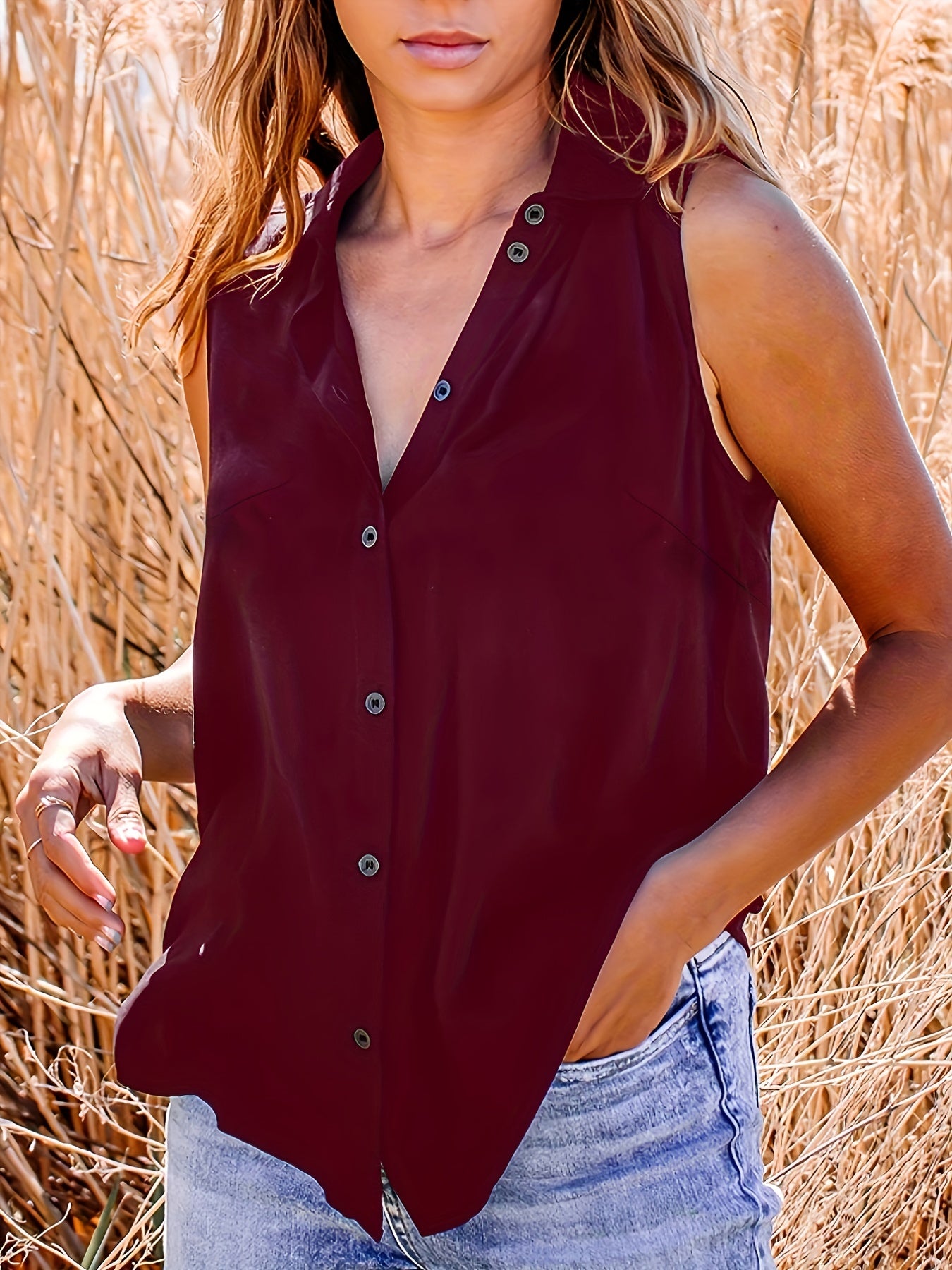  Women's Button Up Polo Neck Tank Top