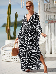 Abstract Linear Print V Neck Kaftan Dress