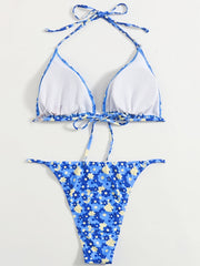  Ditsy Floral Halter Neck Bikini Set Women's High Stretch Swimsuit