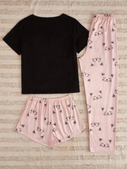 Cat Print Pajamas Set Short Sleeve Crew Neck Top & Shorts & Pants