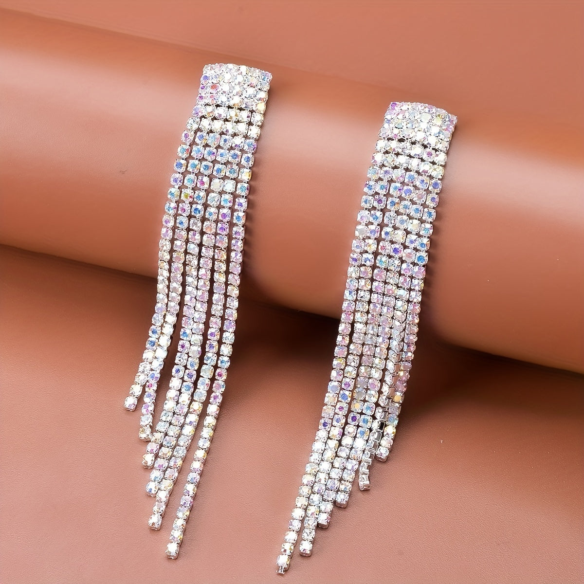 Sparkling Rhinestone Tassel Earrings Copper Silver Plated
