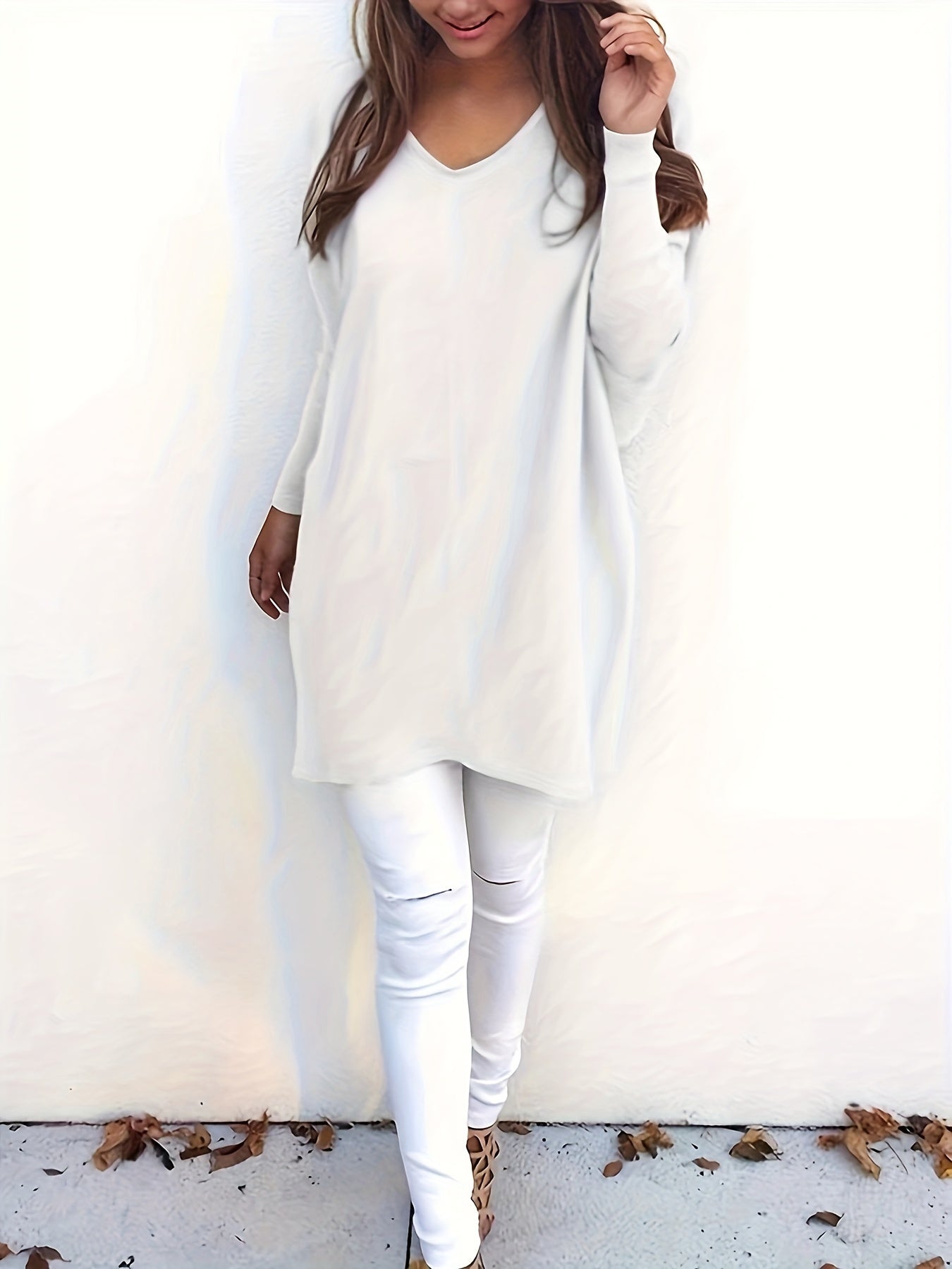  Casual Sweater Women's Plus Solid V-Neck Pullover Jumper