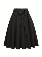  Casual Skirt Solid Elastic Bow Knot A-line Belted Skirt