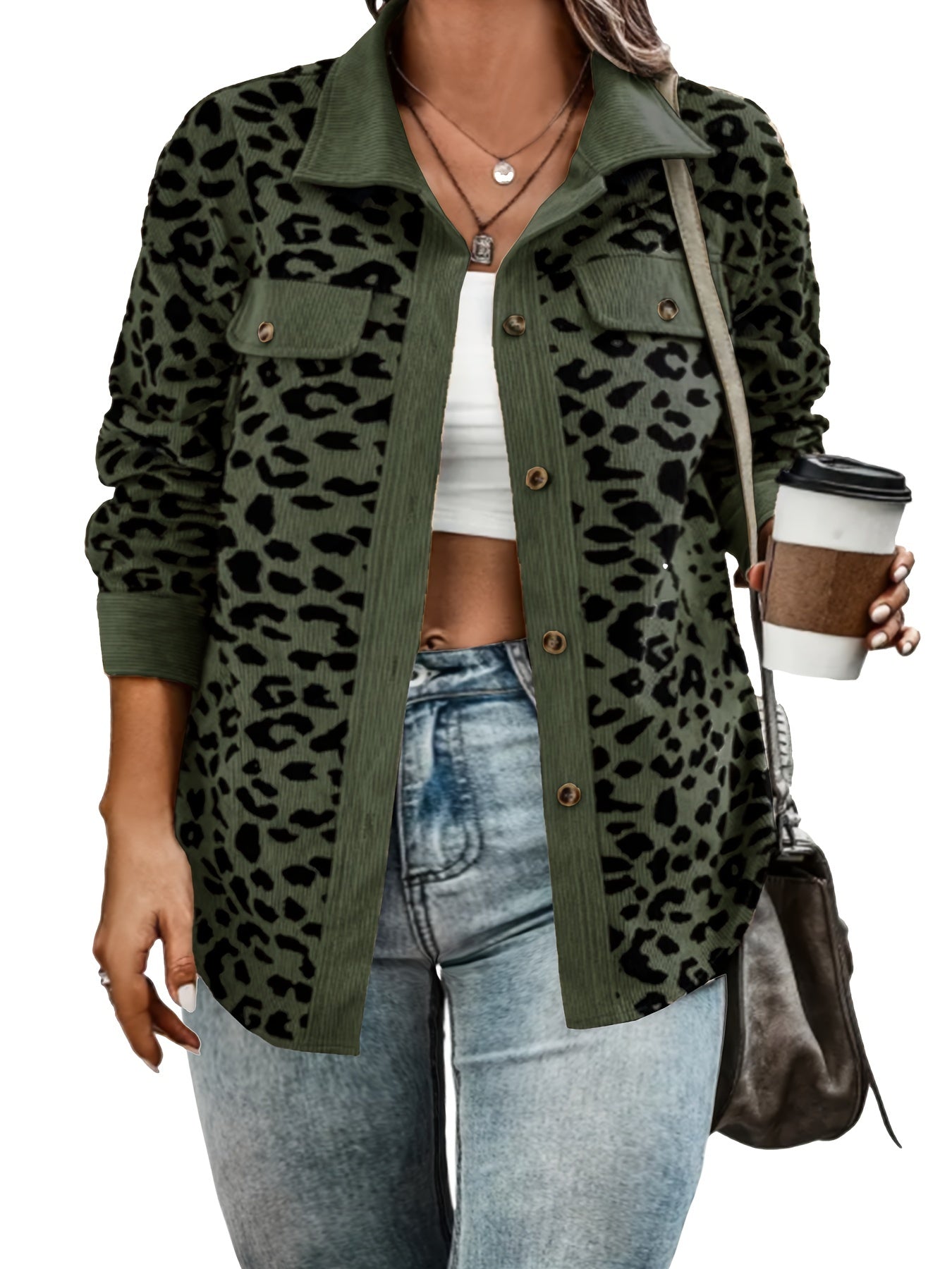  Leopard Print Corduroy Button Up Long Sleeve Shacket