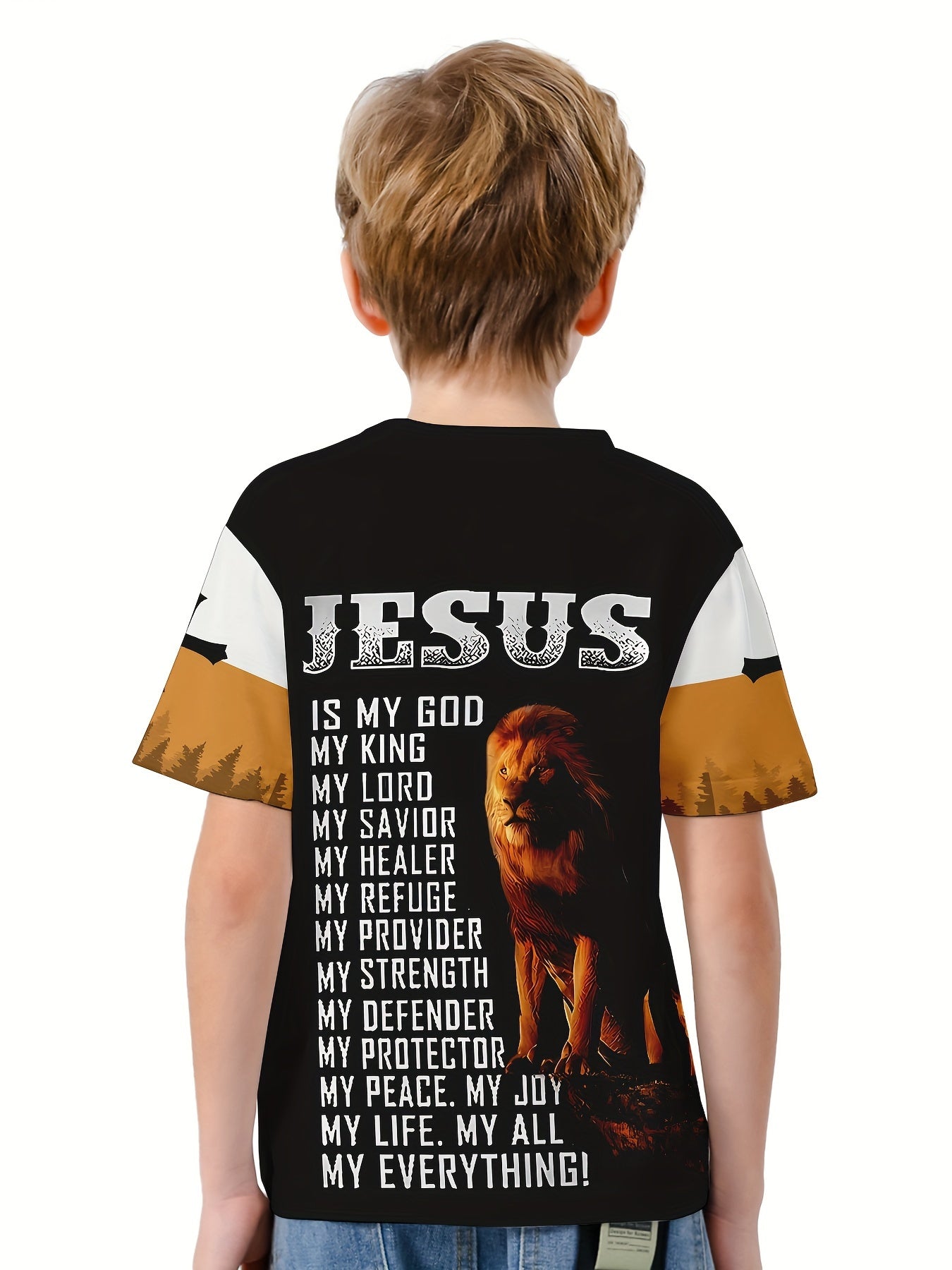 Lion Cross 3D Print Boys T-shirt Summer Lightweight Round Neck Top