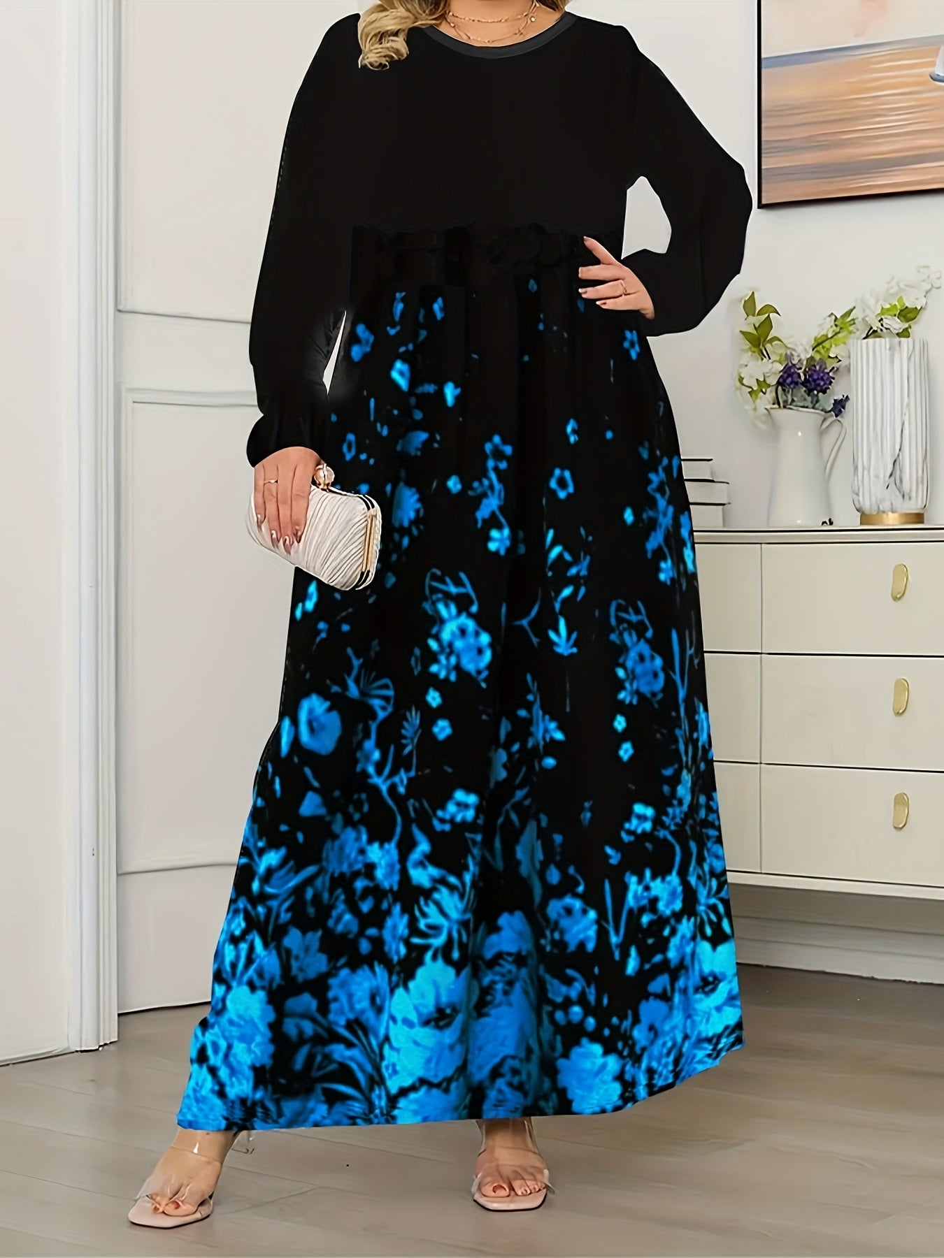  Floral Print Long Sleeve Maxi Dress