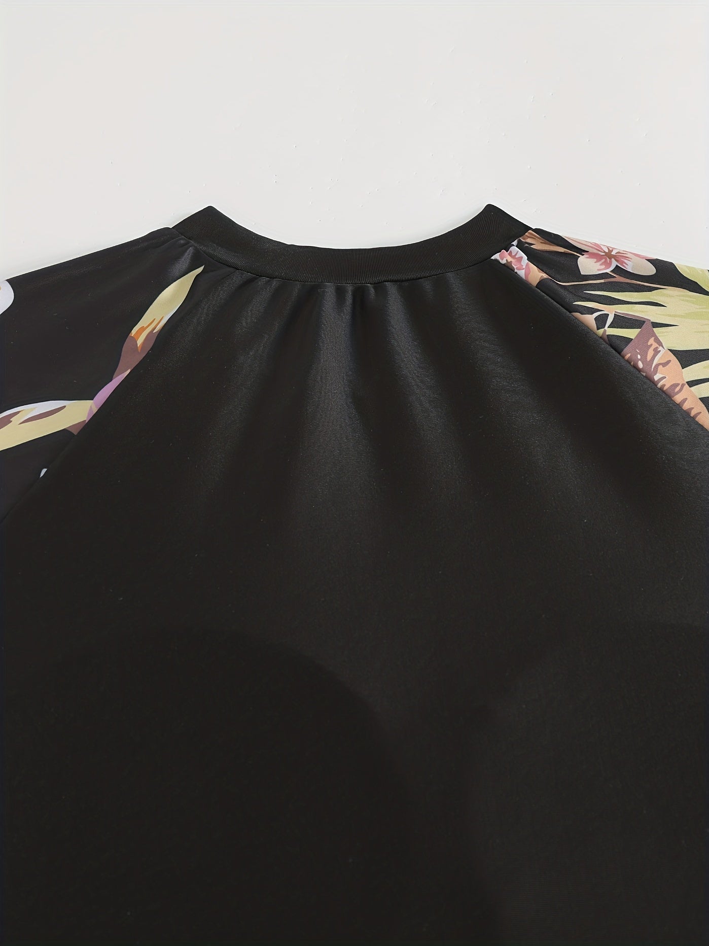  Tropical Print Tankini Set Long Sleeve Crew Neck Top & Panty Swimwear
