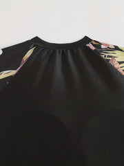  Tropical Print Tankini Set Long Sleeve Crew Neck Top & Panty Swimwear