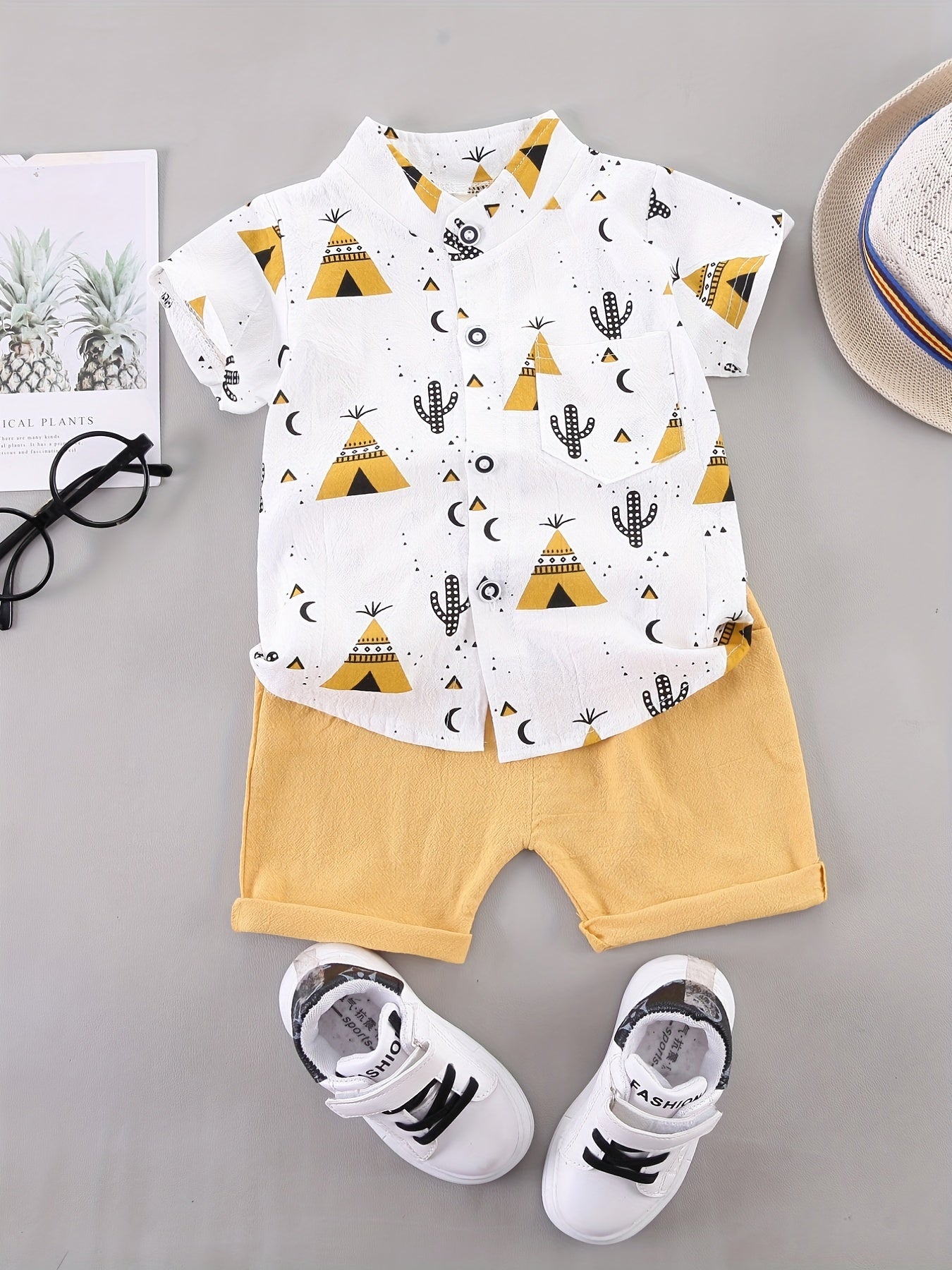 2pcs Baby Boys Cactus Print Short Sleeve Shirt & Shorts Set