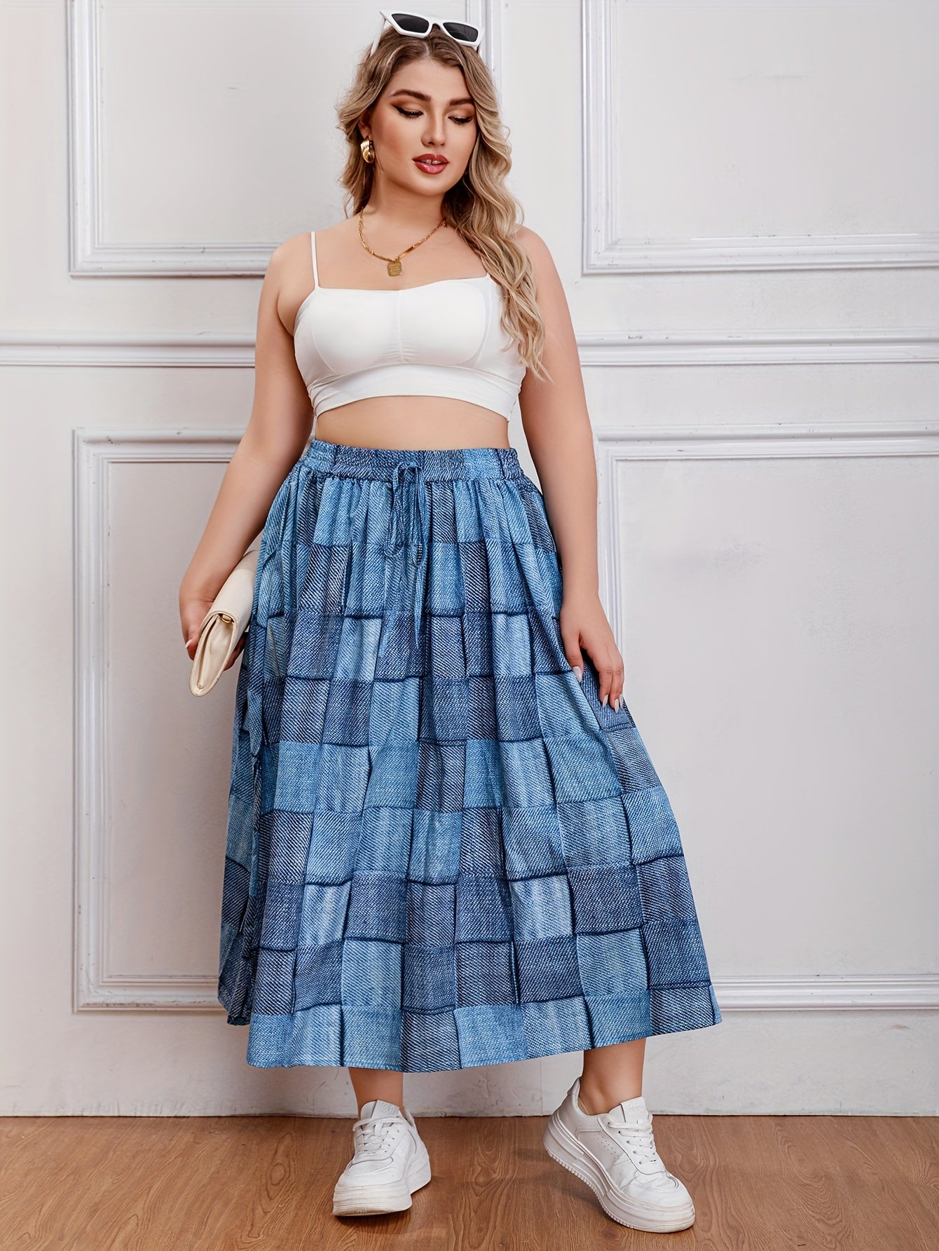  Colorblock Denim Print Maxi Skirt