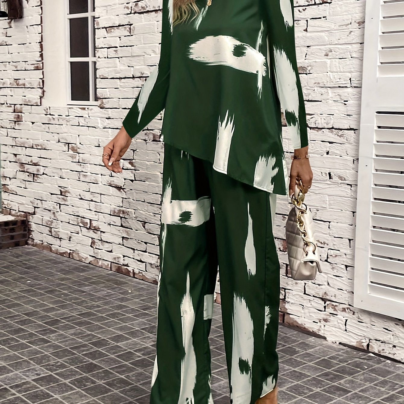 Brush Print Top & Wide Leg Pants 2 Piece Set