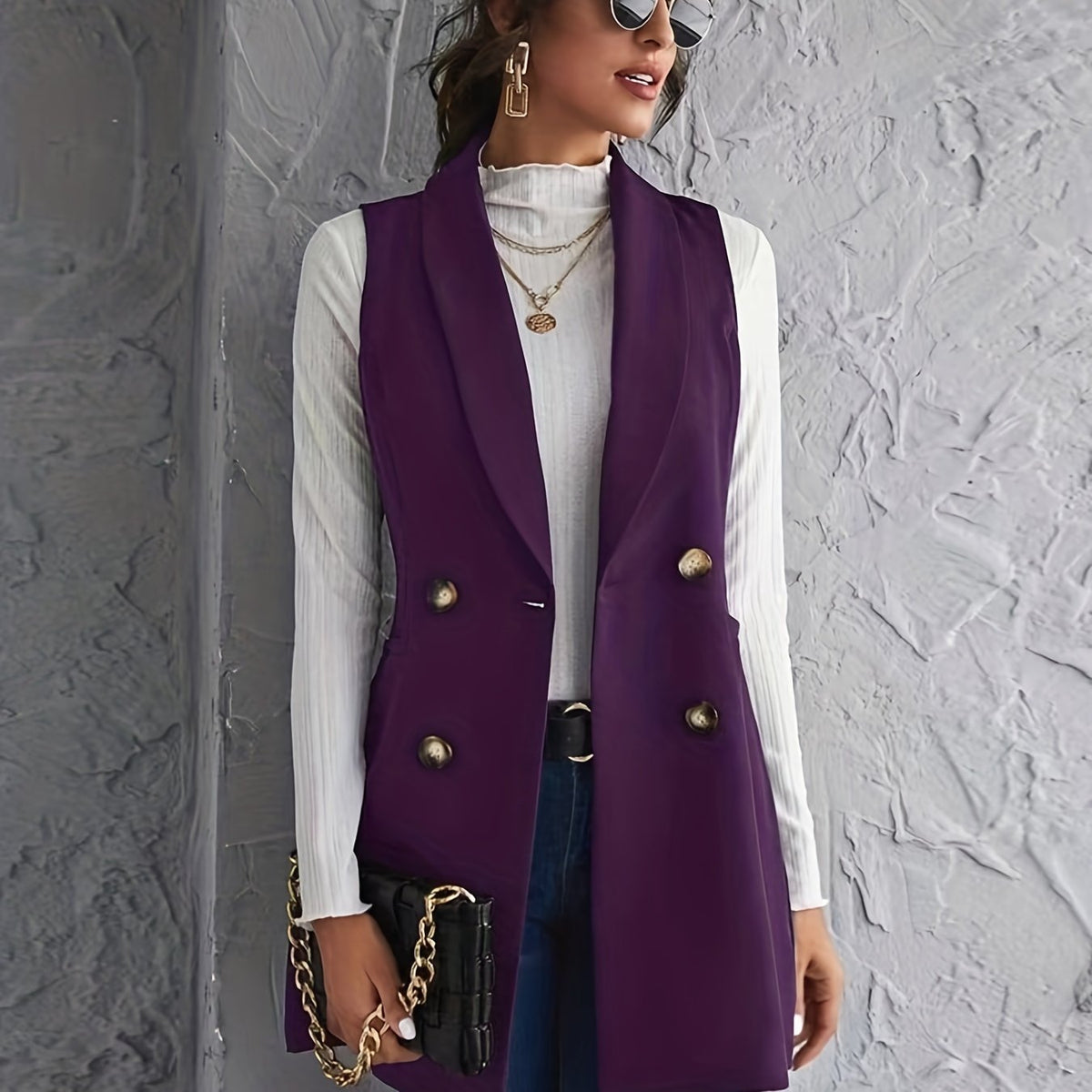  Solid Button Shawl Collar Blazer