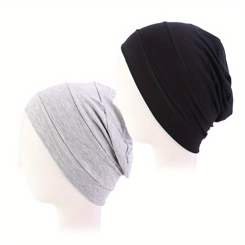 2pcs Ruched Turban Solid Inner Cap Lightweight Head Wrap Underscarf Beanie Cap