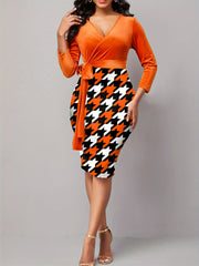  Colorblock Houndstooth Velvet Bodycon Dress