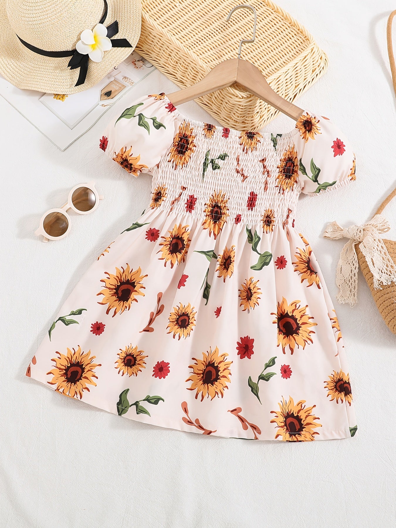 Girls Sunflower Print Princess Dress Kids Summer Clothes