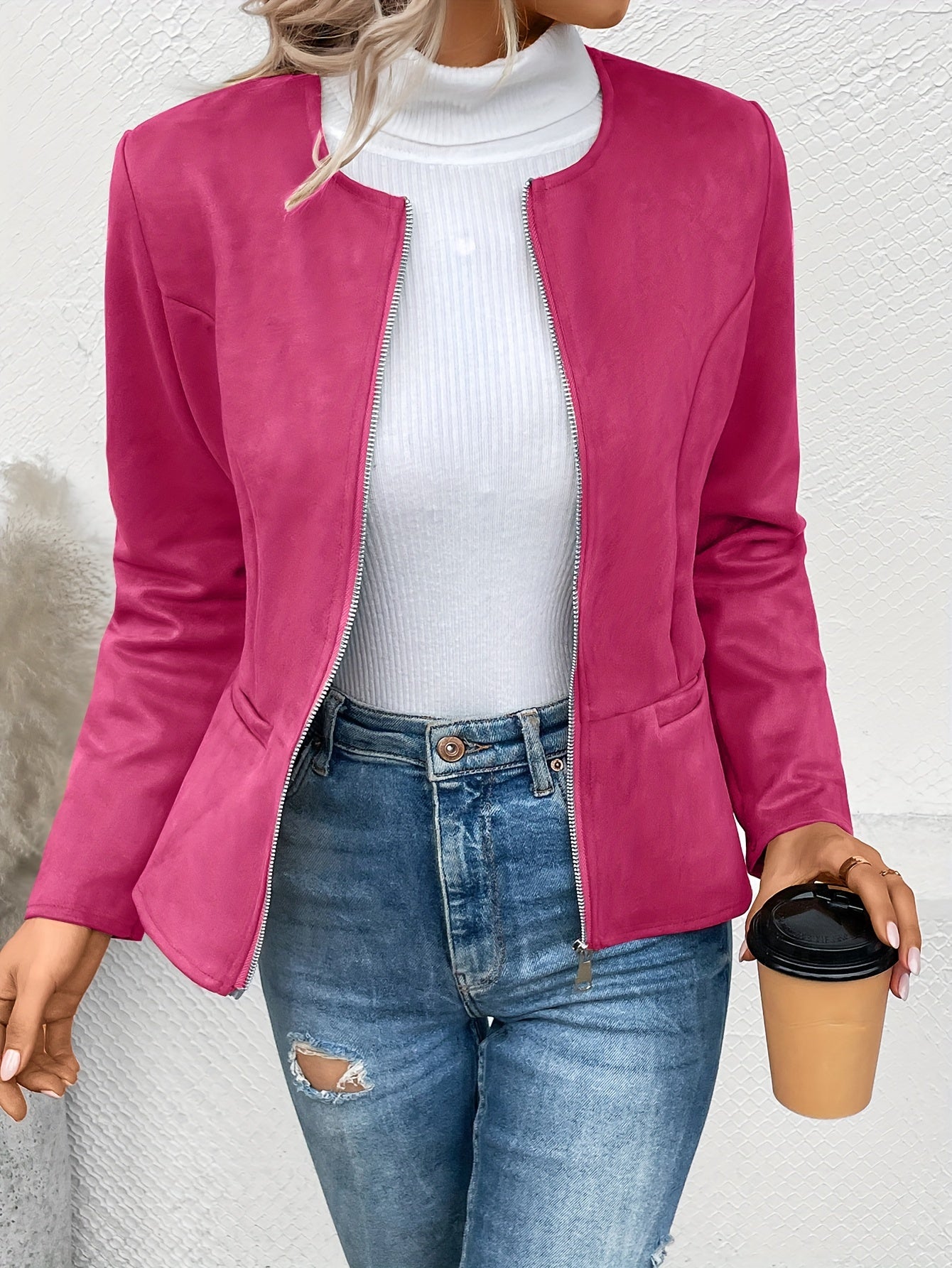 Solid Zip Up Jacket Casual Long Sleeve Crew Neck Outerwear