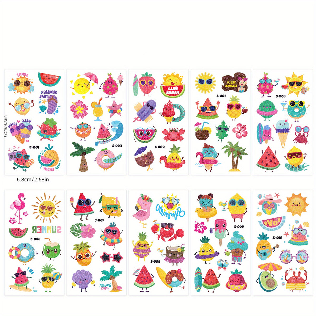 Kids Summer Party Glitter Temporary Tattoos - Set of 10 Sheets