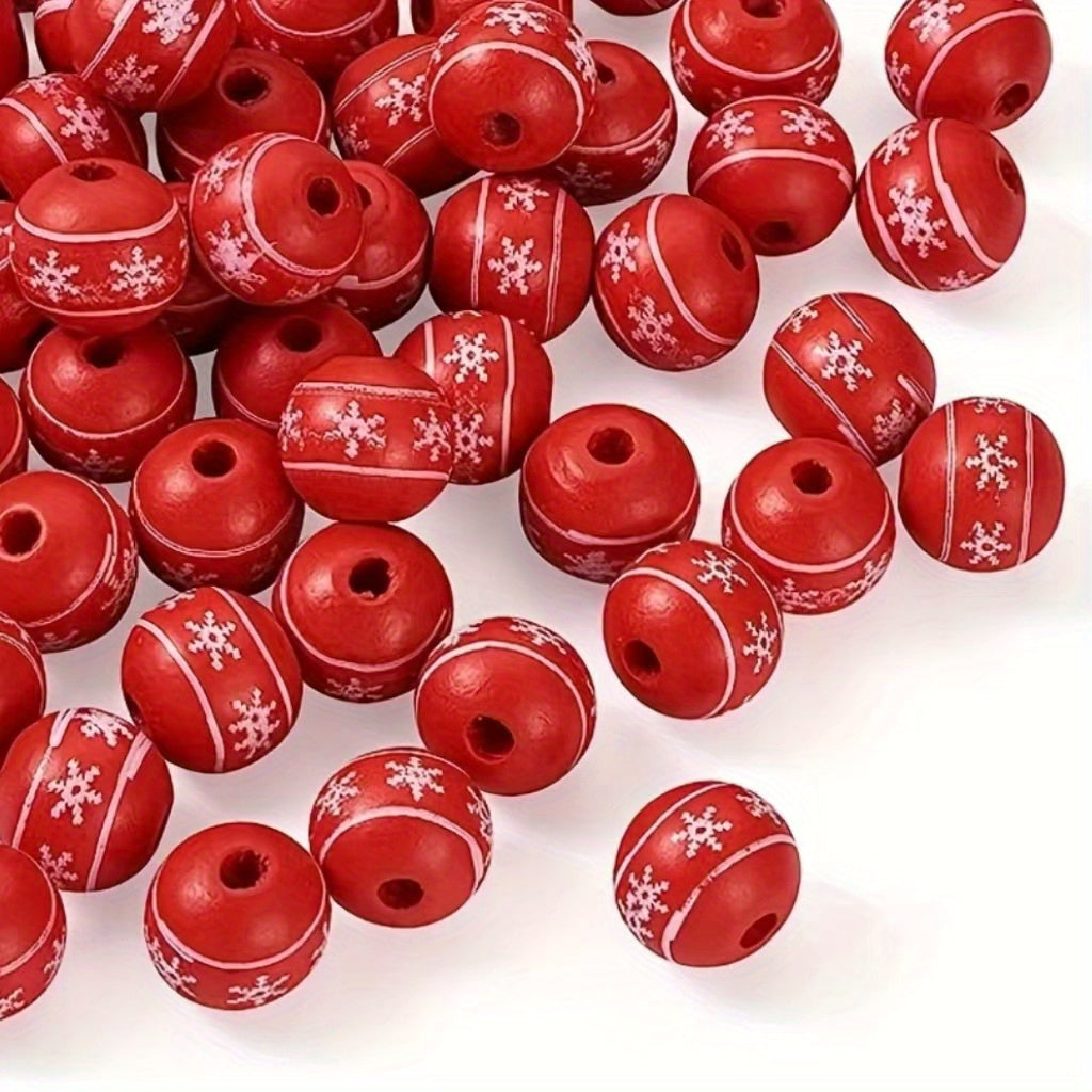 40Pcs Christmas Wood Beads 16mm Red Snowflake Pattern Wooden Spacer Beads