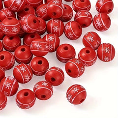 40Pcs Christmas Wood Beads 16mm Red Snowflake Pattern Wooden Spacer Beads