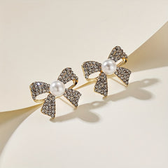 Artificial Crystal Decor Bowknot Stud Earrings 18K Plated Jewelry