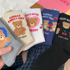 5 Pairs Cartoon Bear Print Socks Soft Mid Tube Women's Stockings