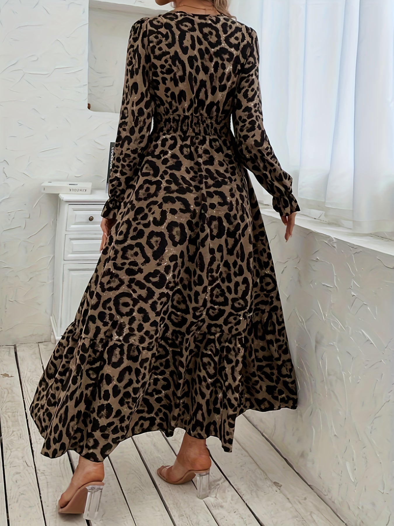  Leopard Print Flounce Sleeve Maxi Dress