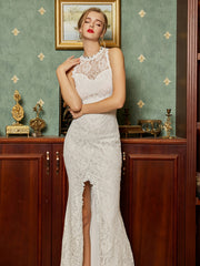 Lace Trim Split Thigh Floor Length Wedding Dress