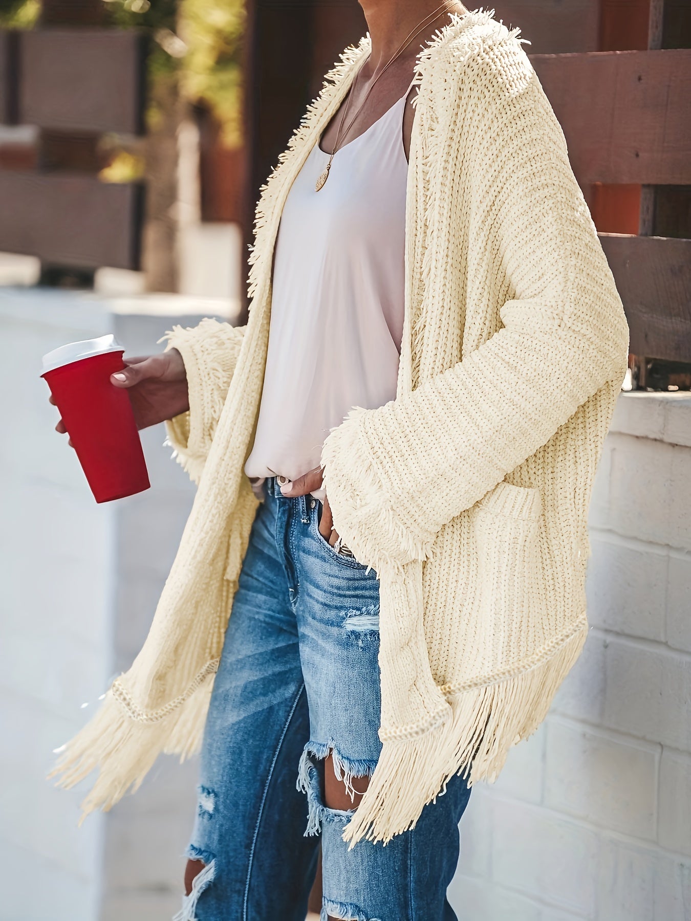  Solid Fringe Trim Cardigan Long Sleeve Open Front