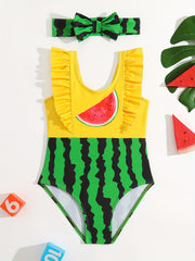 Girls Watermelon Print Tankini Ruffle Swimsuit for Summer Beach