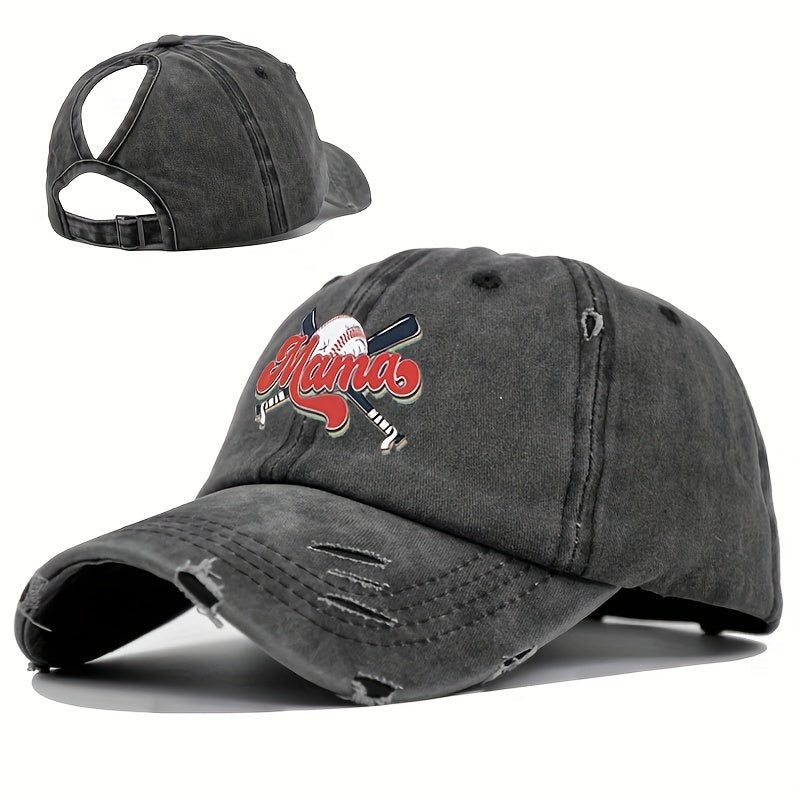 MAMA Ponytail Ripped Baseball Cap Washed Distressed Dad Hat