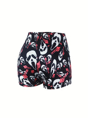  Halloween Shorts Women's Plus Funny Skull Print Elastic High Rise