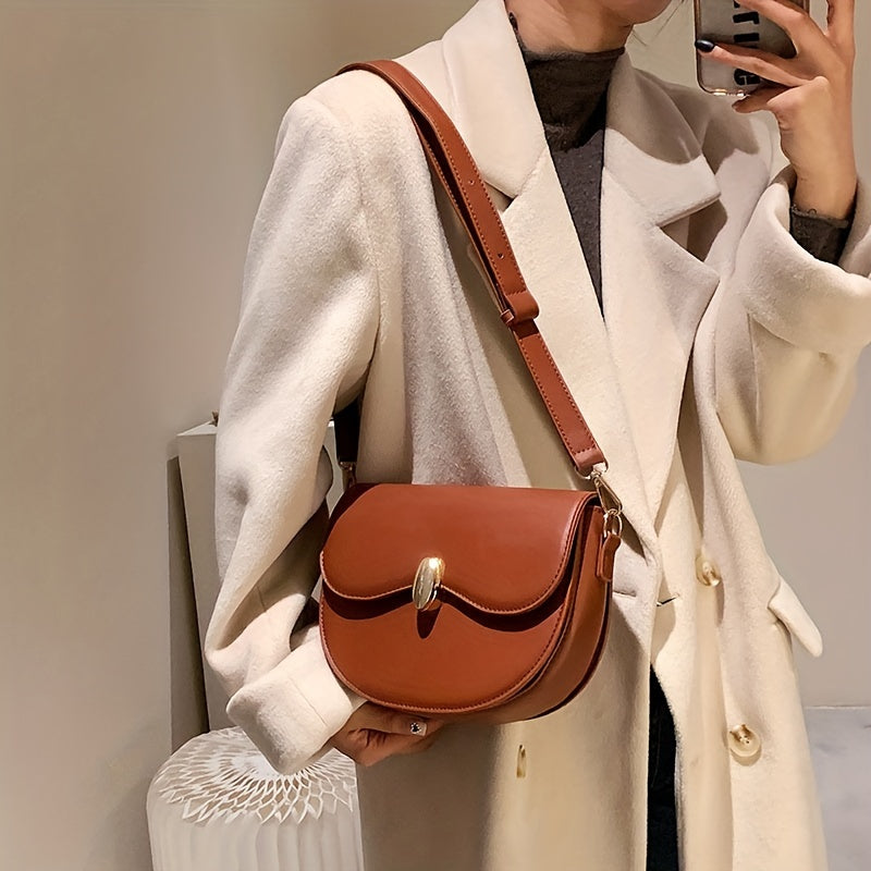 Vintage Saddle Bag Solid Buckle Flap Purse Faux Leather Crossbody