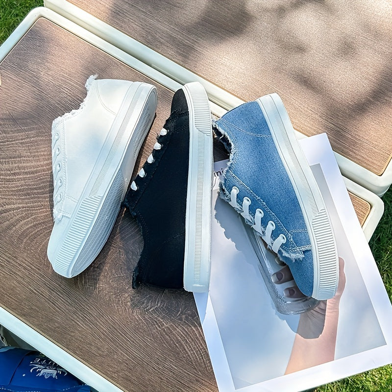 Women's Canvas Lace Up Low Top Sneakers - Casual Round Toe Flat Shoes