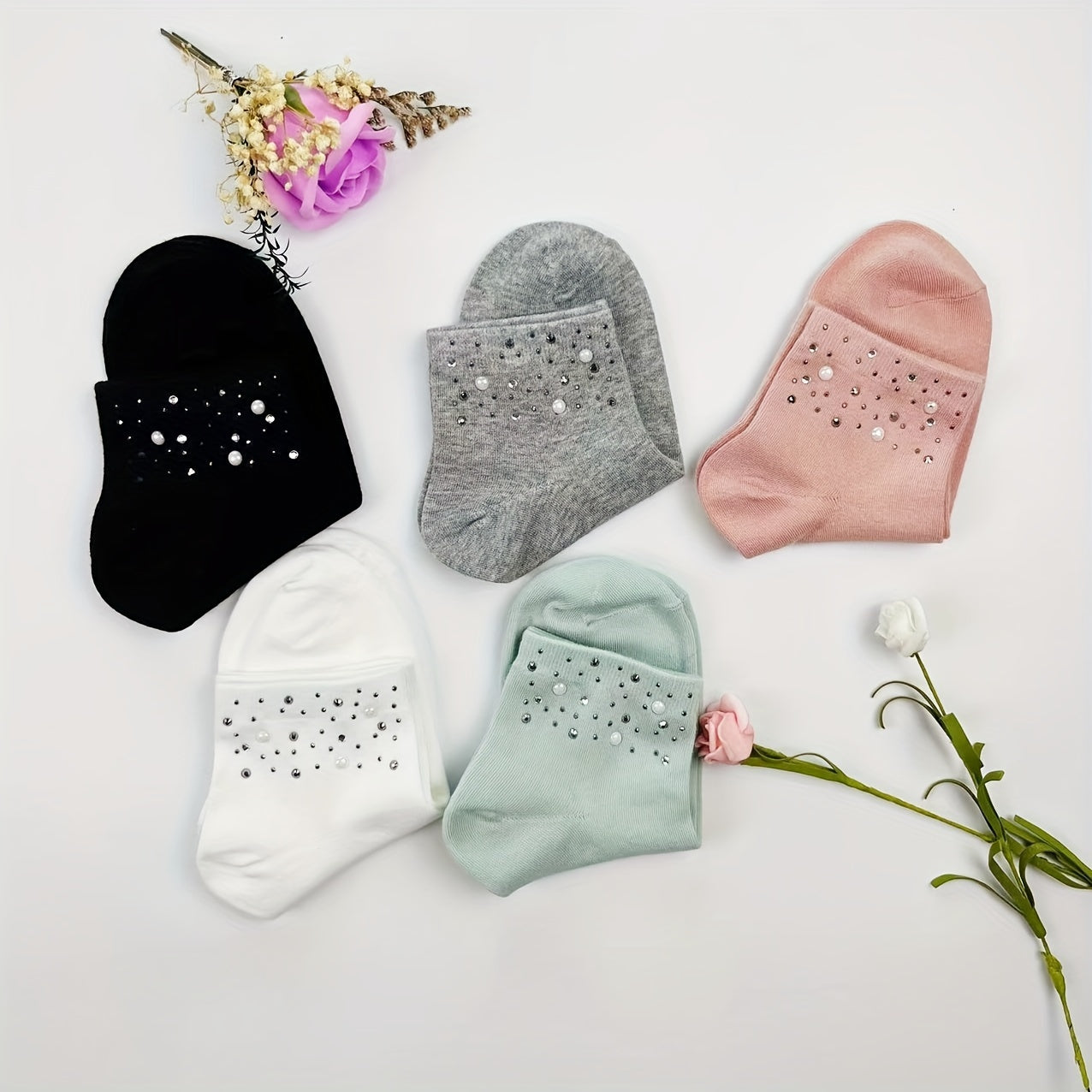 5 Pairs Rhinestone Crew Short Socks Women's Stockings