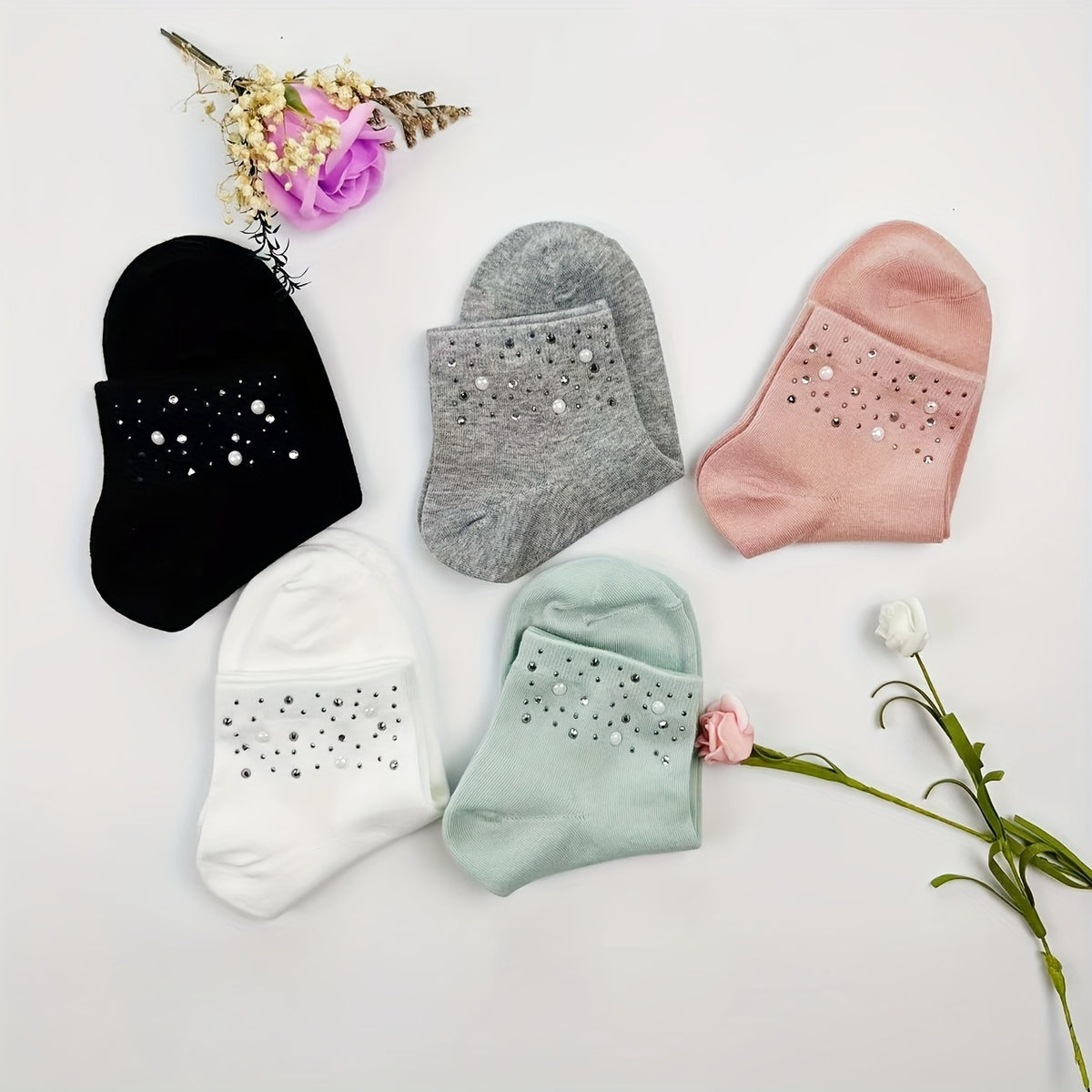5 Pairs Rhinestone Crew Short Socks Women's Stockings
