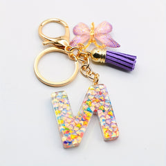 Resin Initial Letter Keychain with Tassel and Butterfly Pendant