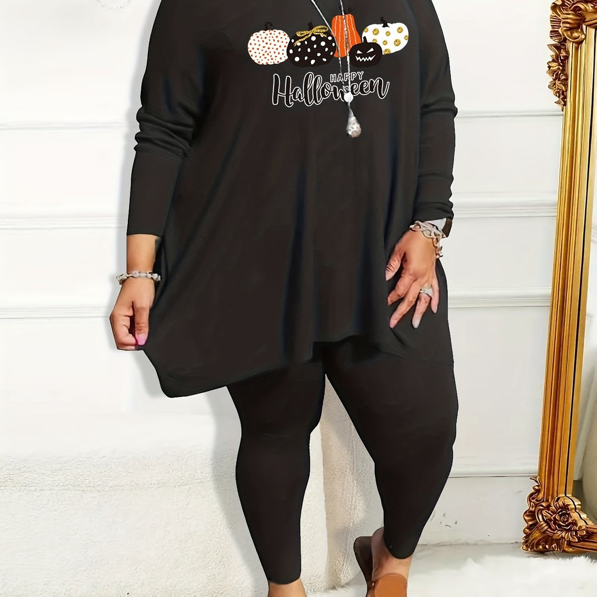  Halloween Pajama Set Women's Pumpkin Print Tee & Leggings Loungewear