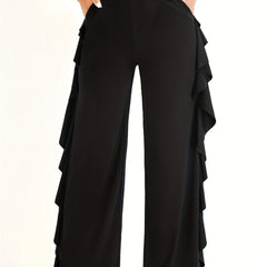  Ruffle Trim Wide Leg Pants with Pockets
