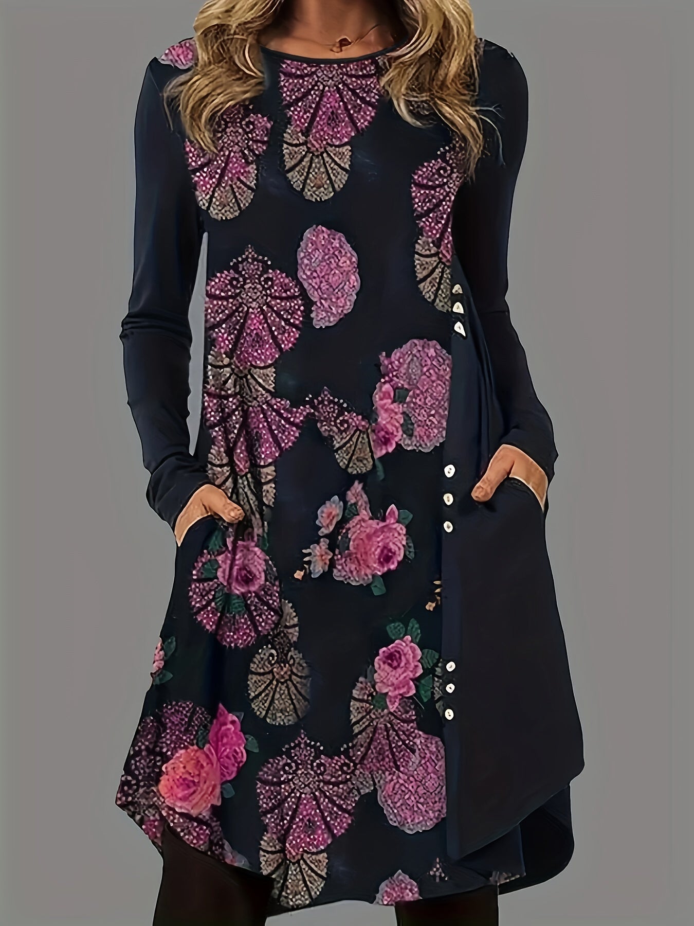  Floral Print Long Sleeve Round Neck Tee Dress