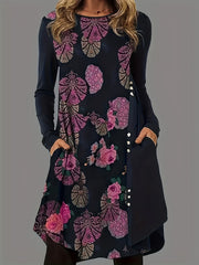  Floral Print Long Sleeve Round Neck Tee Dress